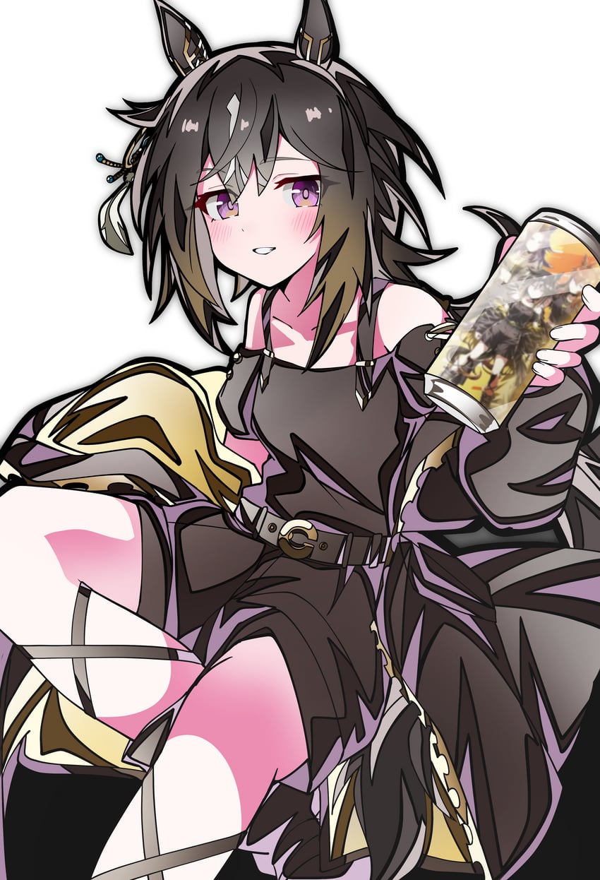 赛马娘、费诺美诺 (黄金一族) (赛马娘)、费诺美诺（赛马娘） 兽耳 露肩 黑发 黑色夹克 黑衬衫