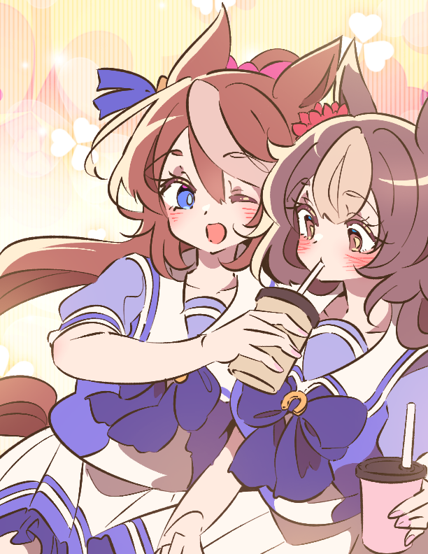 赛马娘、东海帝王 (赛马娘)、山宁泽飞 (赛马娘) 2名女孩 兽耳 蓝眼 脸红 蝴蝶结