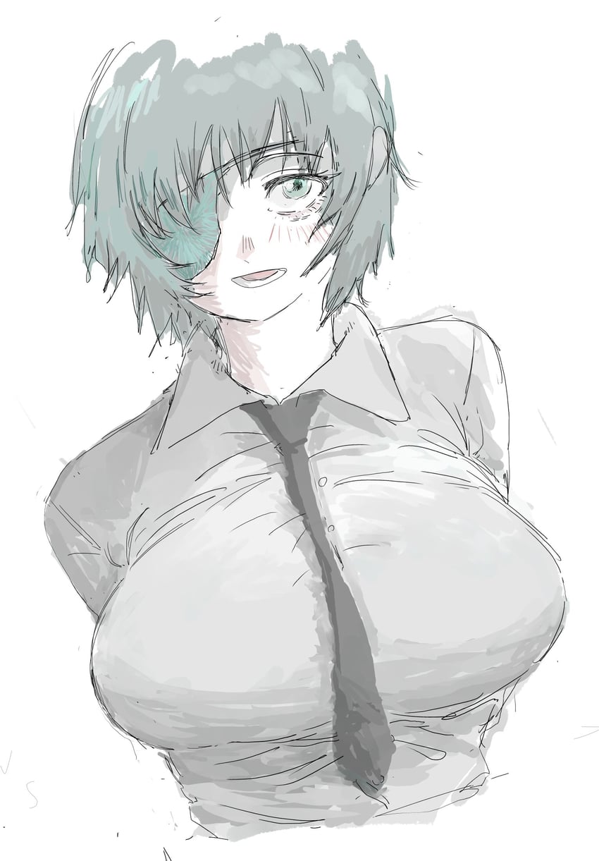 姬野 (电锯人) 1名女孩 双手背在身后 黑色领带 乳房 有领衬衫