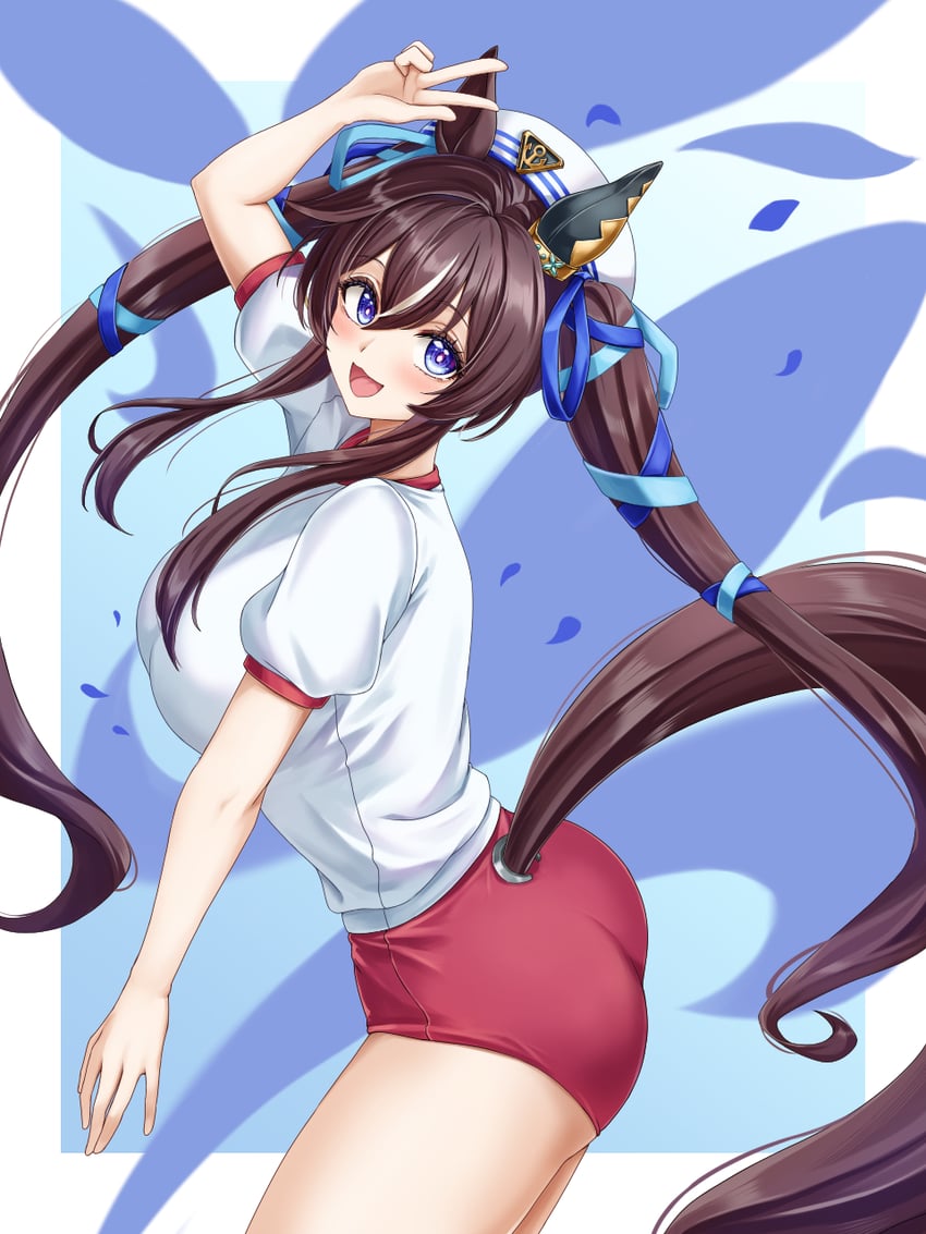 赛马娘、维布罗斯 (赛马娘) 1名女孩 兽耳 屁股 贝雷帽 蓝眼