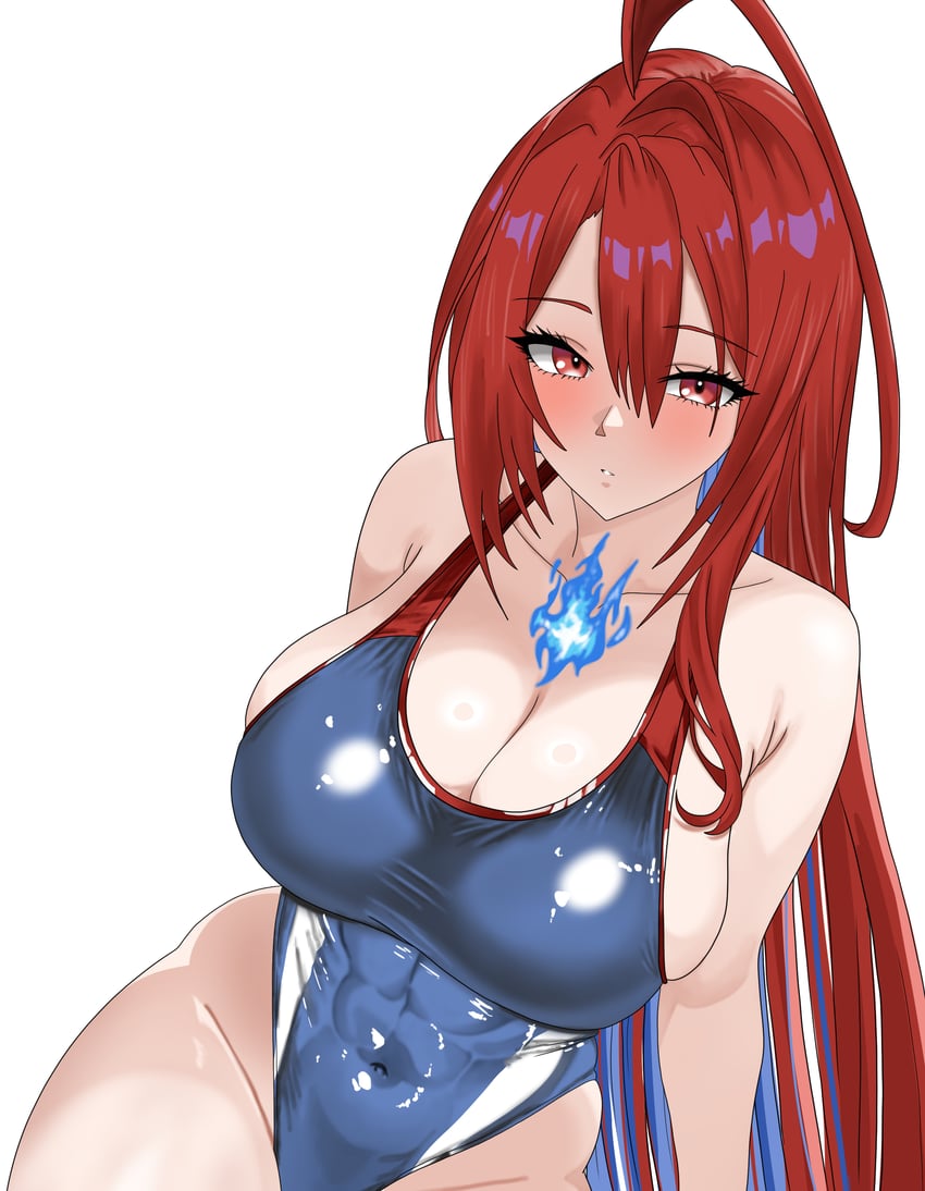 Hololive、Hololive英语、伊丽莎白·罗斯·血焰 1名女孩 呆毛 蓝火 蓝色连体泳衣 脸红