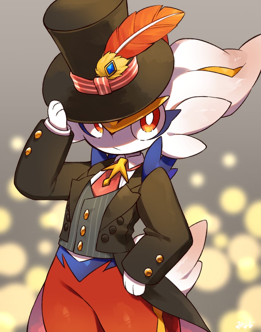 宝可梦、闪焰王牌、cinderace (tuxedo) 1名男孩 撇嘴 整理衣服 整理头饰 兽耳