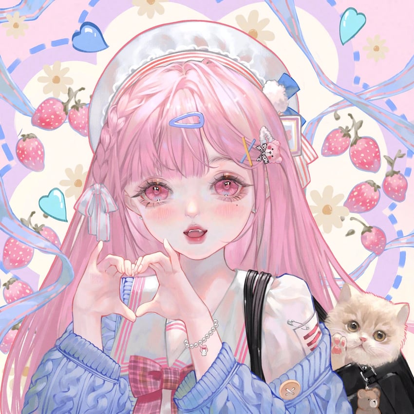 原创 1名女孩 黑发 猫 食物 水果