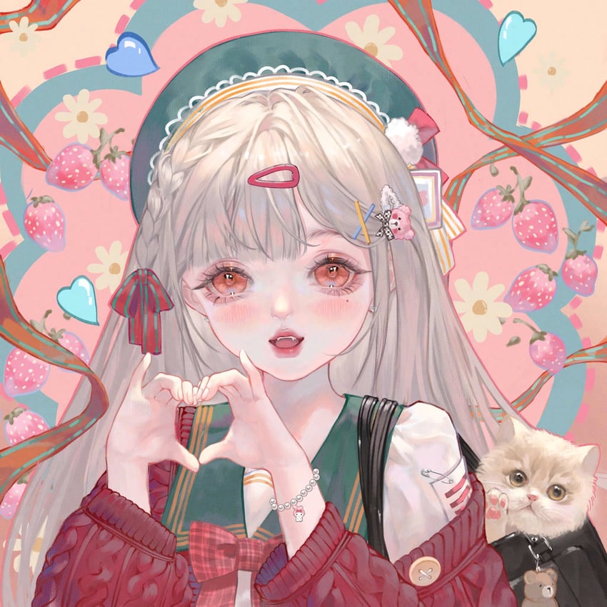 原创 1名女孩 黑发 猫 食物 水果
