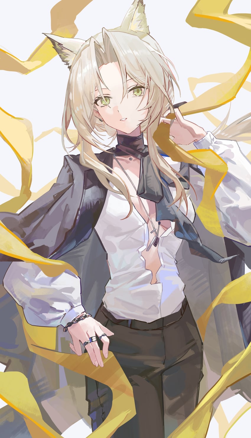 明日方舟、凯尔希 (明日方舟)、凯尔希 (礼服) (明日方舟) 1名女孩 兽耳毛 兽耳 黑色夹克 金发