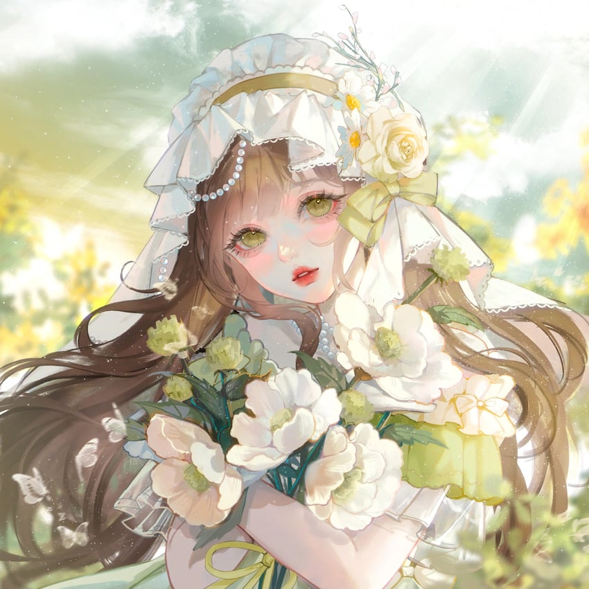原创 1名女孩 棕发 连衣裙 花 绿眼