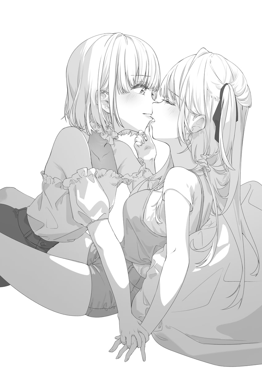 神稻牡丹：醉态如百合之花、上伊那牡丹、砺波伊吹 2名女孩 脸红 闭眼 灰度 发带
