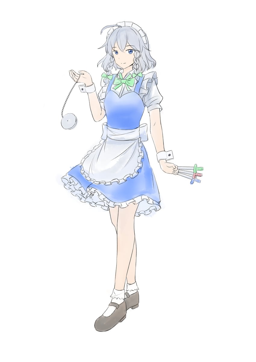 东方Project、十六夜咲夜 1名女孩 围裙 后背蝴蝶结 指缝 蓝色连衣裙