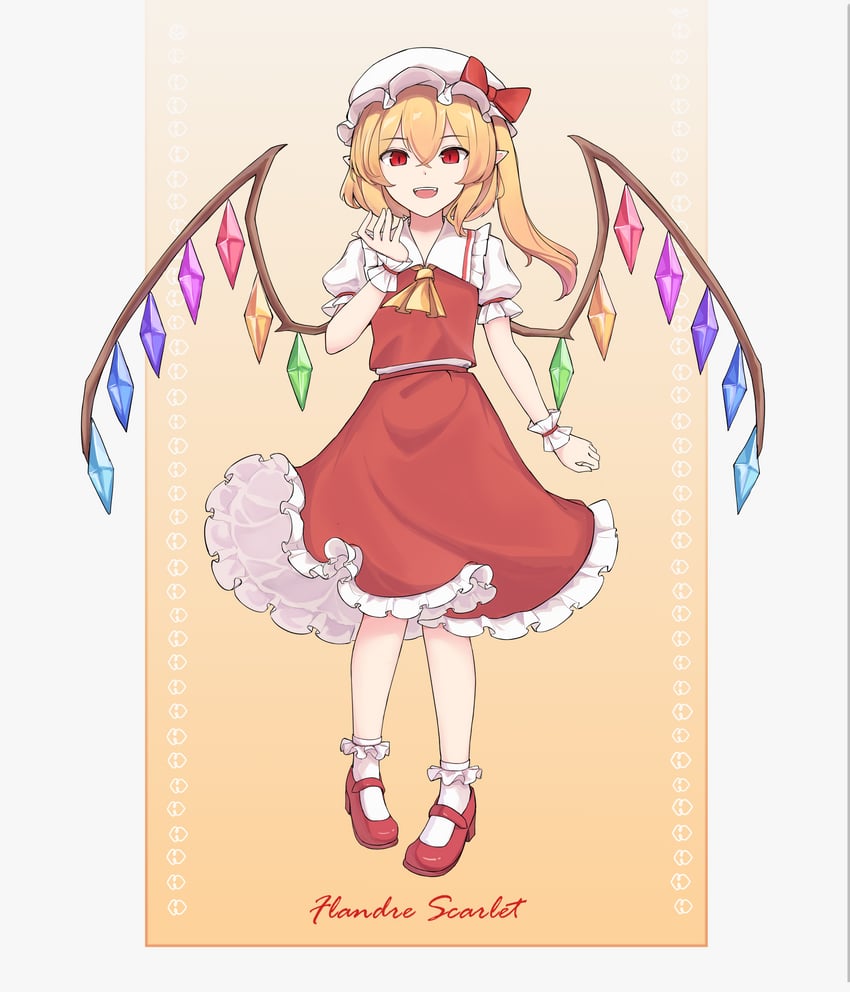 东方Project、芙兰朵露·斯卡蕾特 1名女孩 阿斯科特领巾 金发 蝴蝶结 角色名称