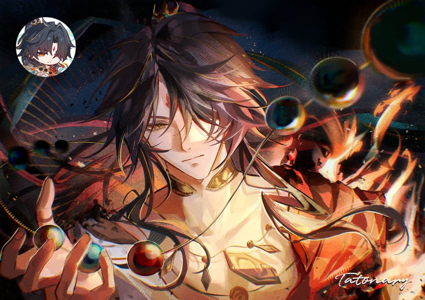 崩坏：星穹铁道、崩坏系列、刃(崩坏：星穹铁道) 1名男孩 珠子 锁骨 垂帘发型 脸部印记