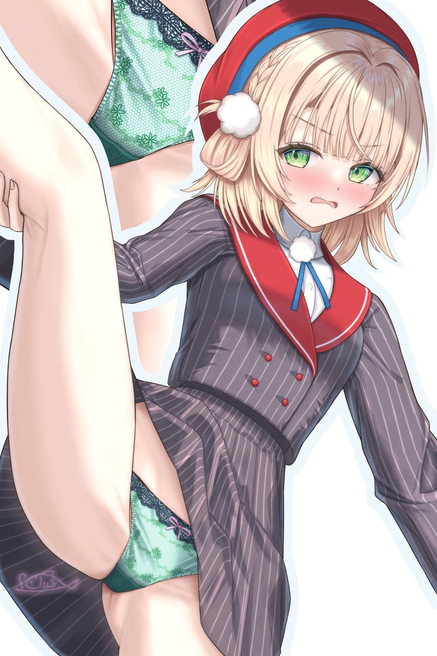 个人势虚拟主播、时雨羽衣 (第一套服装) (VTuber)、时雨羽衣(VTuber) 1名女孩 贝雷帽 金发 齐刘海 脸红