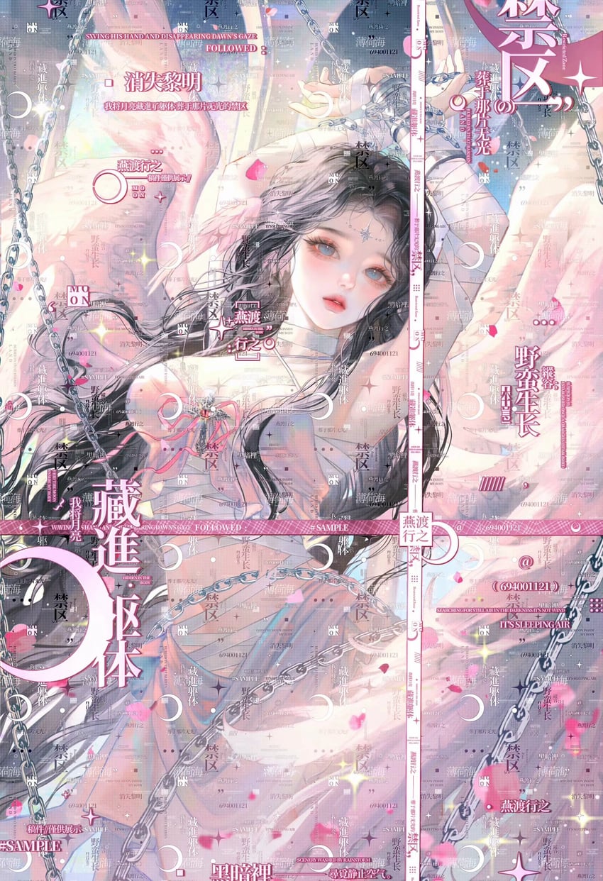 原创 1名女孩 黑发 蓝眼 digital painting 花