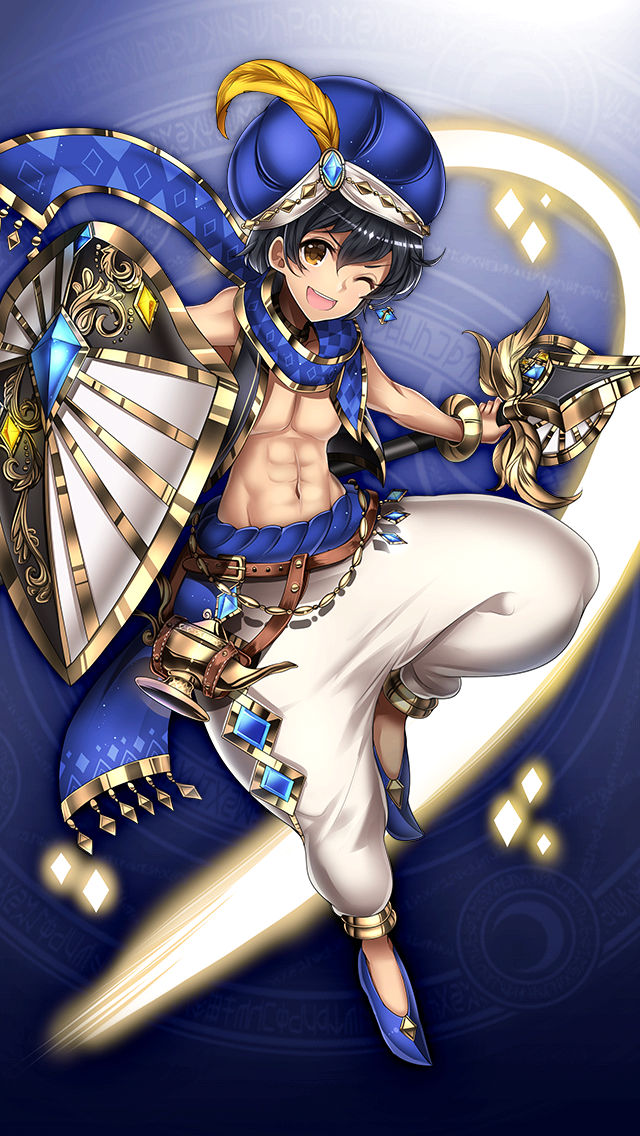 格林笔记、阿拉丁 (格林笔记)、aladdin (repage) (grimms notes) 1名男孩 腹肌 阿拉伯服饰 黑发 蓝色背景