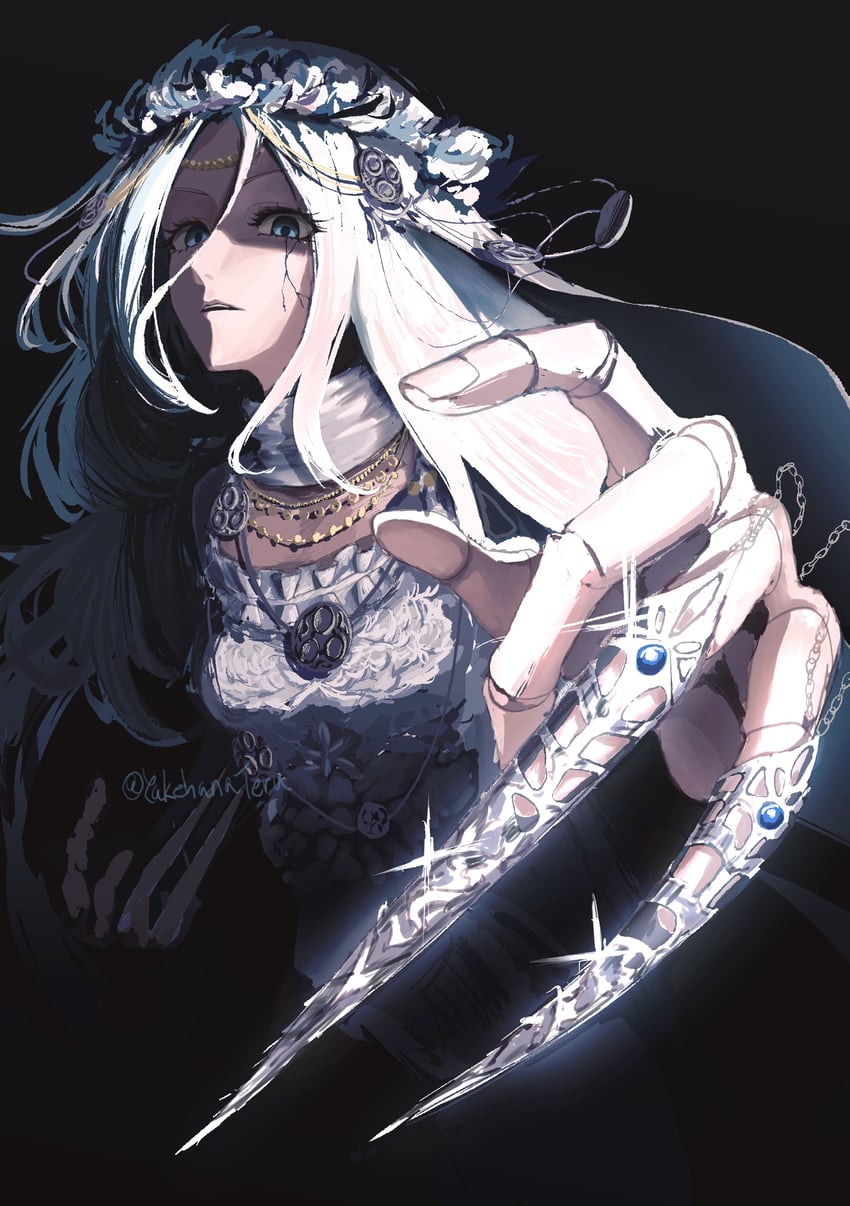 艾尔登法环、艾尔登法环：暗夜统治、王室幽魂 (艾尔登法环) 1名女孩 黑色背景 蓝眼 爪环 裂纹脸