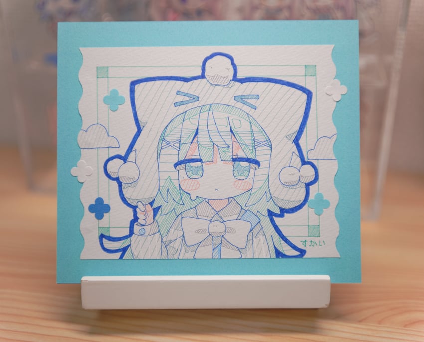 原创 1名女孩 闭眼挤眼 兽耳 动物帽子 蓝眼