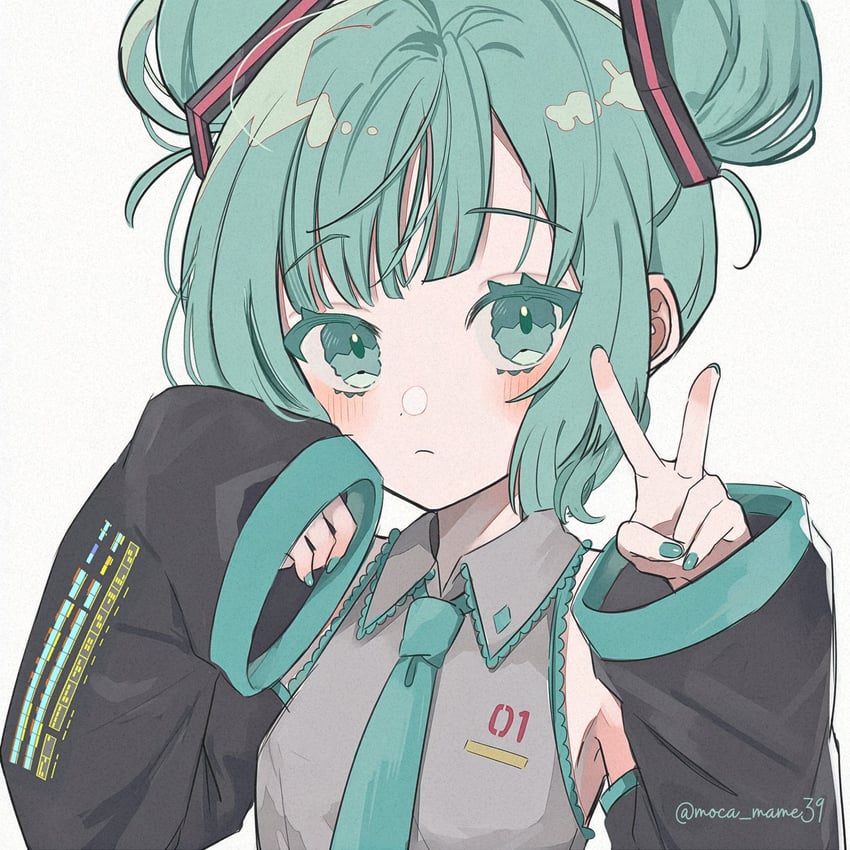 VOCALOID、初音未来 1名女孩 不同发型 水色瞳 水色发 灰背心