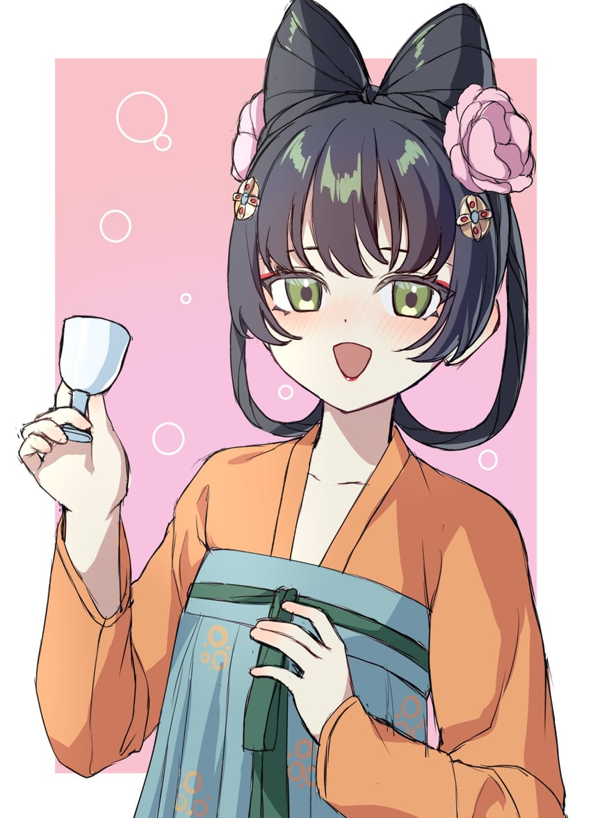 原创 1名女孩 中国风服饰 杯子 花 发花
