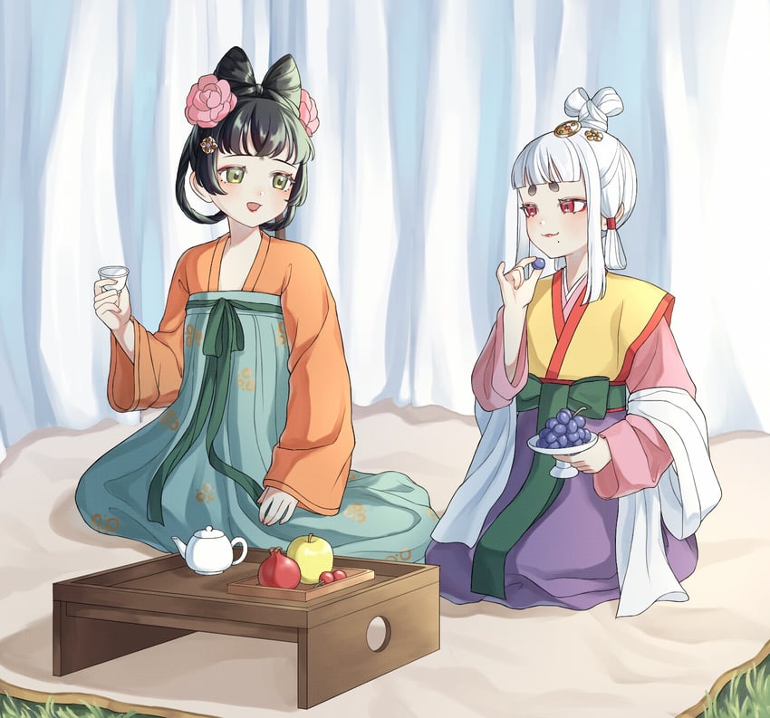 原创、日本 (黑兔)、tang dynasty (kuroussa) 2名女孩 黑发 乳房 中国风服饰 杯子