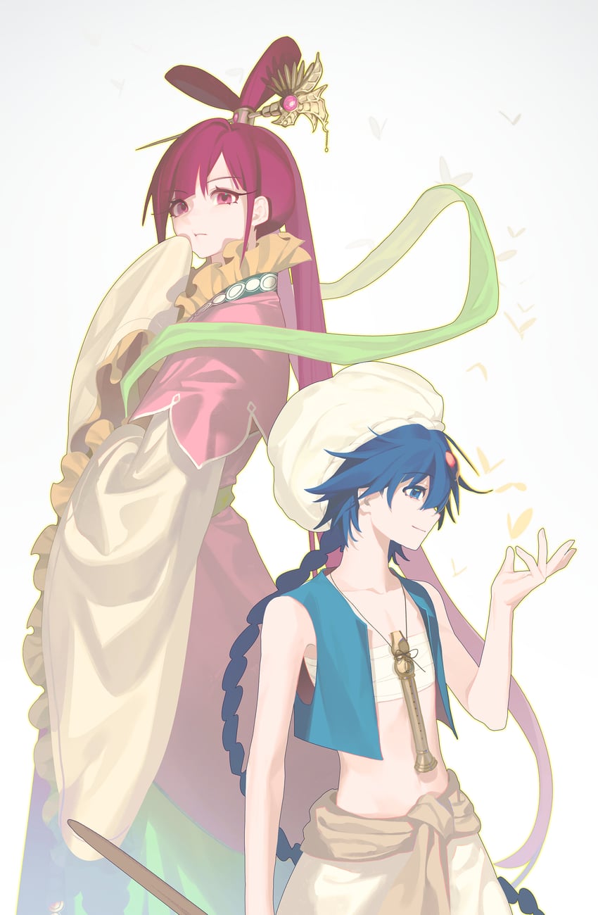 魔笛MAGI、阿拉丁 (魔笛MAGI)、练红玉 1名男孩 1名女孩 裸臂 蓝眼 蓝发
