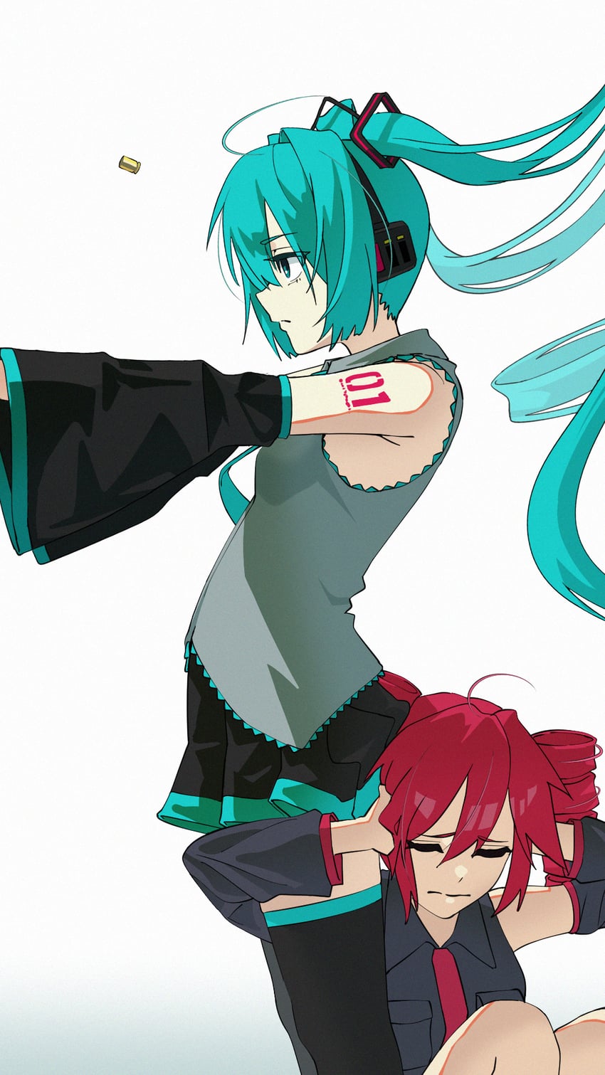 UTAU、VOCALOID、初音未来 2名女孩 呆毛 水色瞳 水色发 水蓝色领带