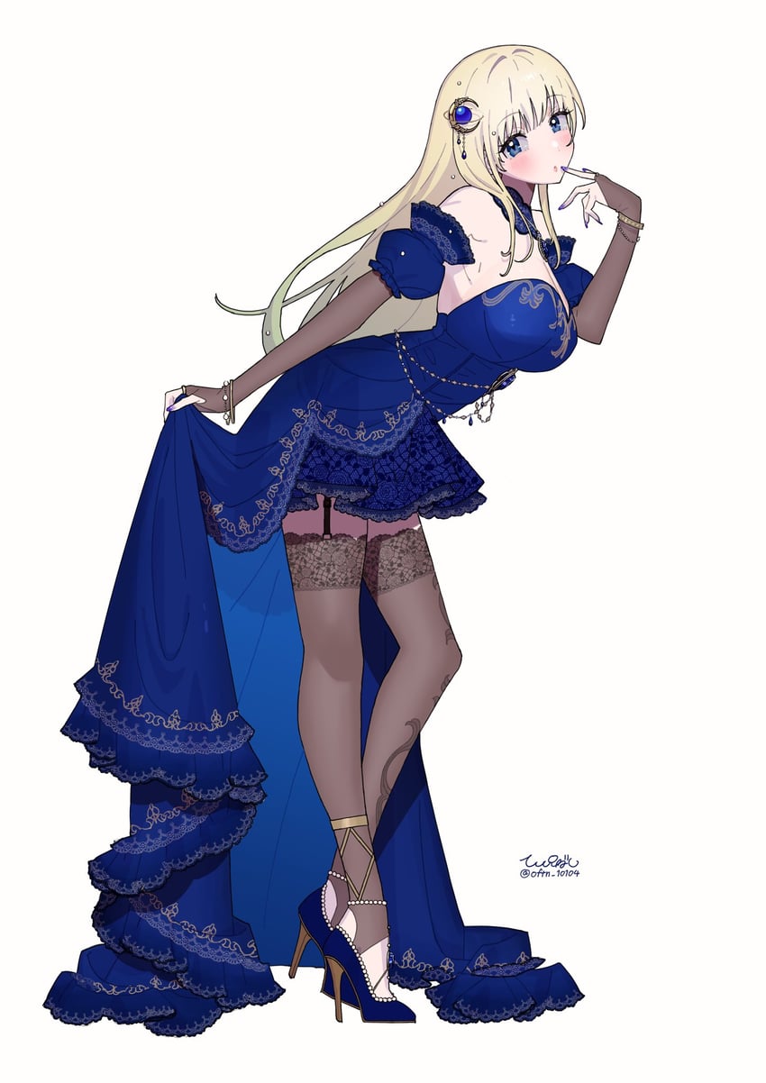 二次元插画 1名女孩 黑色过膝袜 金发 蓝色连衣裙 蓝眼
