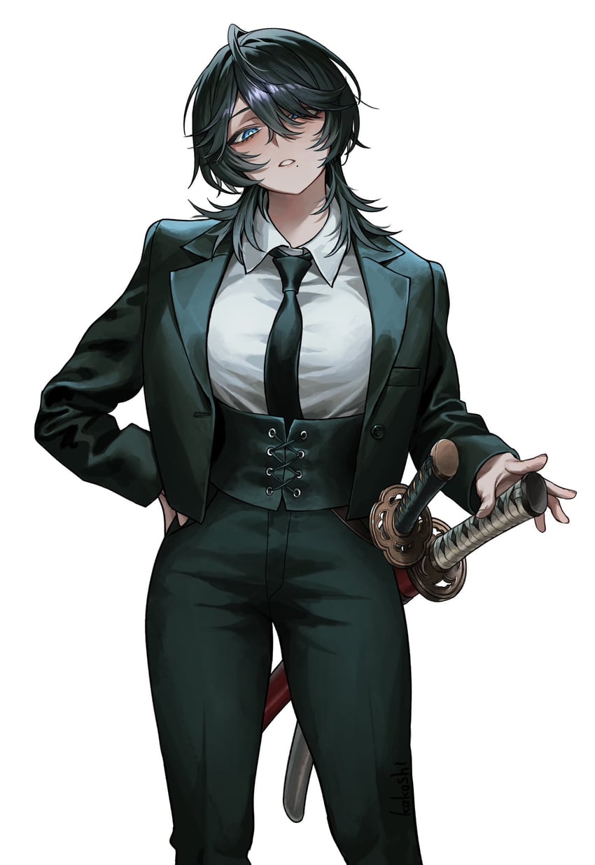 原创 1名女孩 水色瞳 黑色紧身胸衣 黑发 黑色夹克