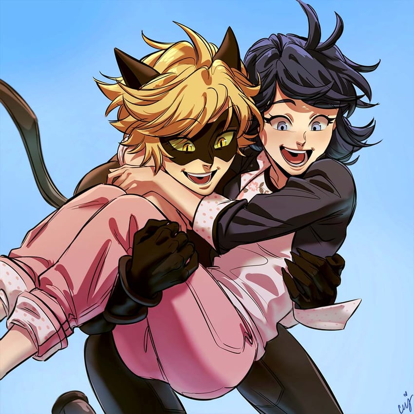 瓢虫雷迪、黑猫 (Chat Noir)、玛丽奈特·杜庞-程 1名男孩 1名女孩 兽耳 黑色连体衣 黑色手套