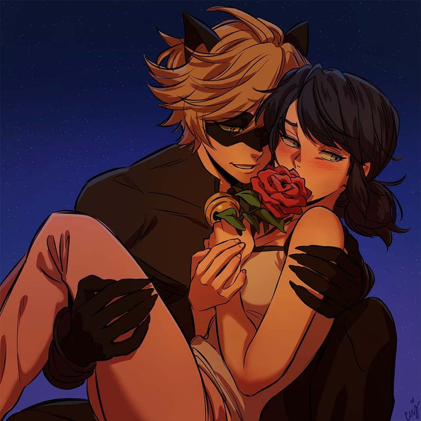 瓢虫雷迪、黑猫 (Chat Noir)、玛丽奈特·杜庞-程 1名男孩 1名女孩 兽耳 铃铛 黑色连体衣