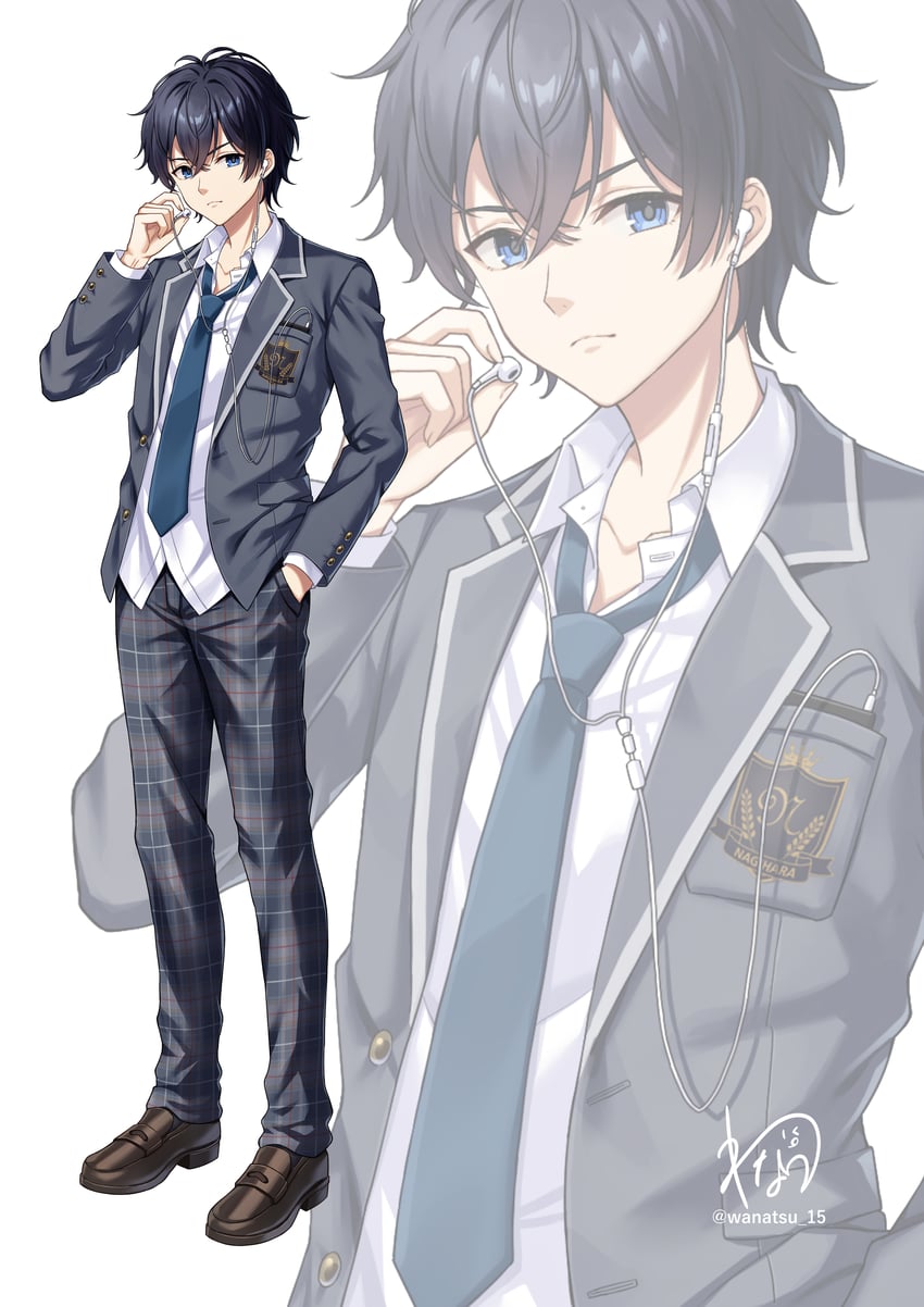 原创 1名男孩 调整耳机 蓝眼 蓝色领带 胸袋