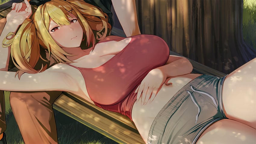 summer clover、shinonome ayano 1名女孩 举手 腋下 长椅 金发