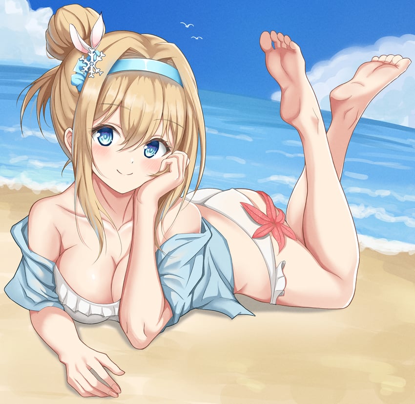 少女前线、索米 (少女前线)、索米 (仲夏夜的精灵) (少女前线) 1名女孩 不对称发型 露肩 赤脚 海滩