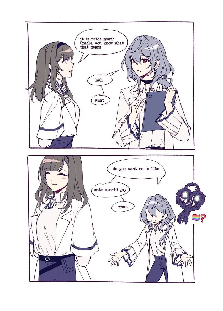 明日方舟、博士 (明日方舟)、博士 (女) (明日方舟) 2名女孩 两格漫画 问号 双手背在身后 黑色项圈