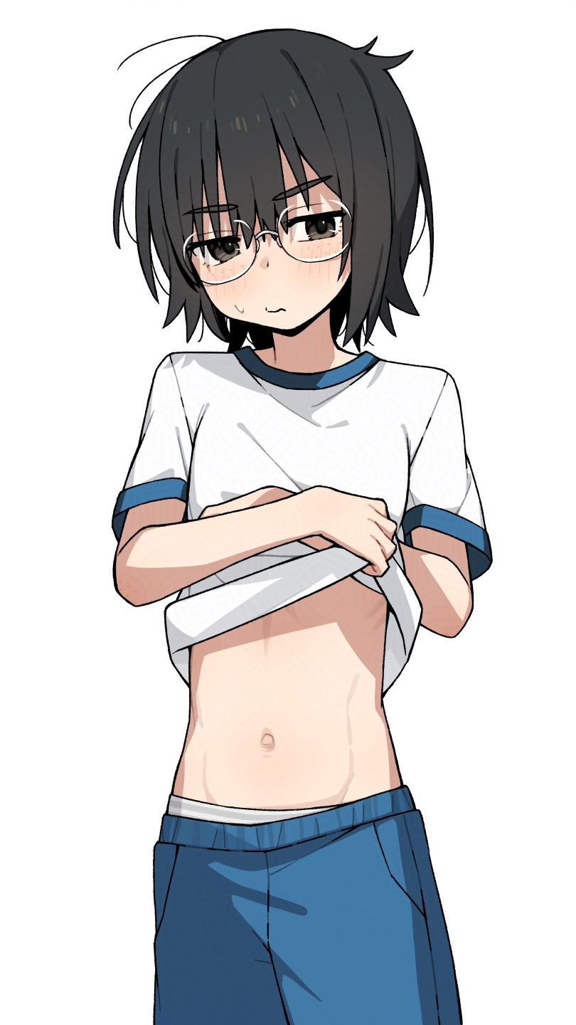 原创 1名女孩 蓝色短裤 蓝色镶边 闭嘴 掀起衣服