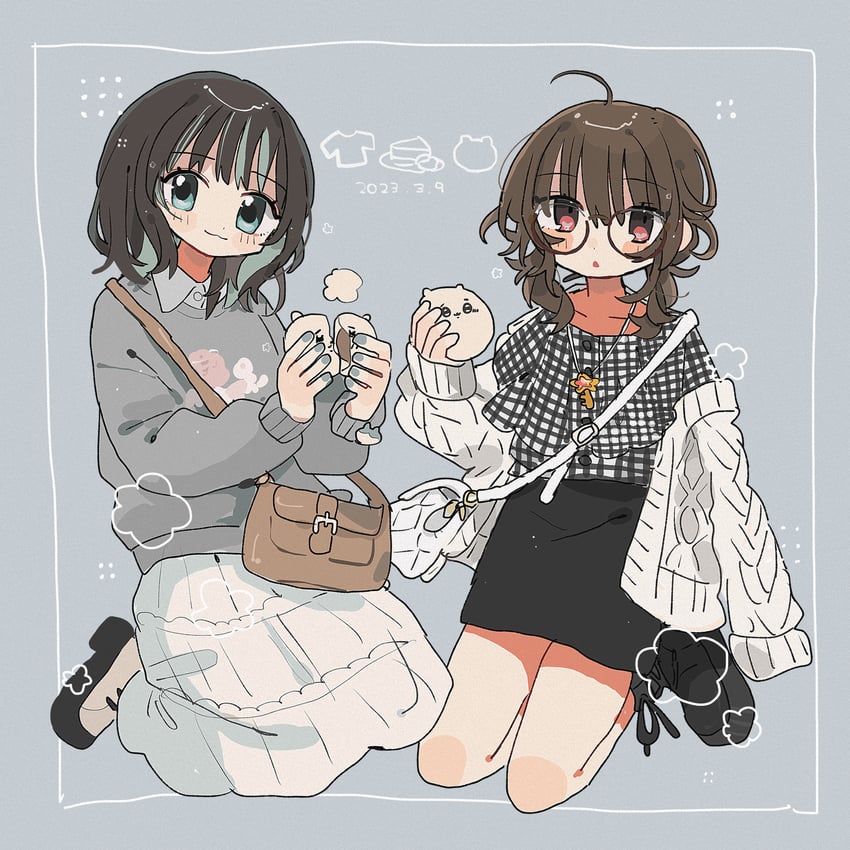 Chiikawa、原创 2名女孩 猫脸笑 呆毛 黑色裙子 蓝眼