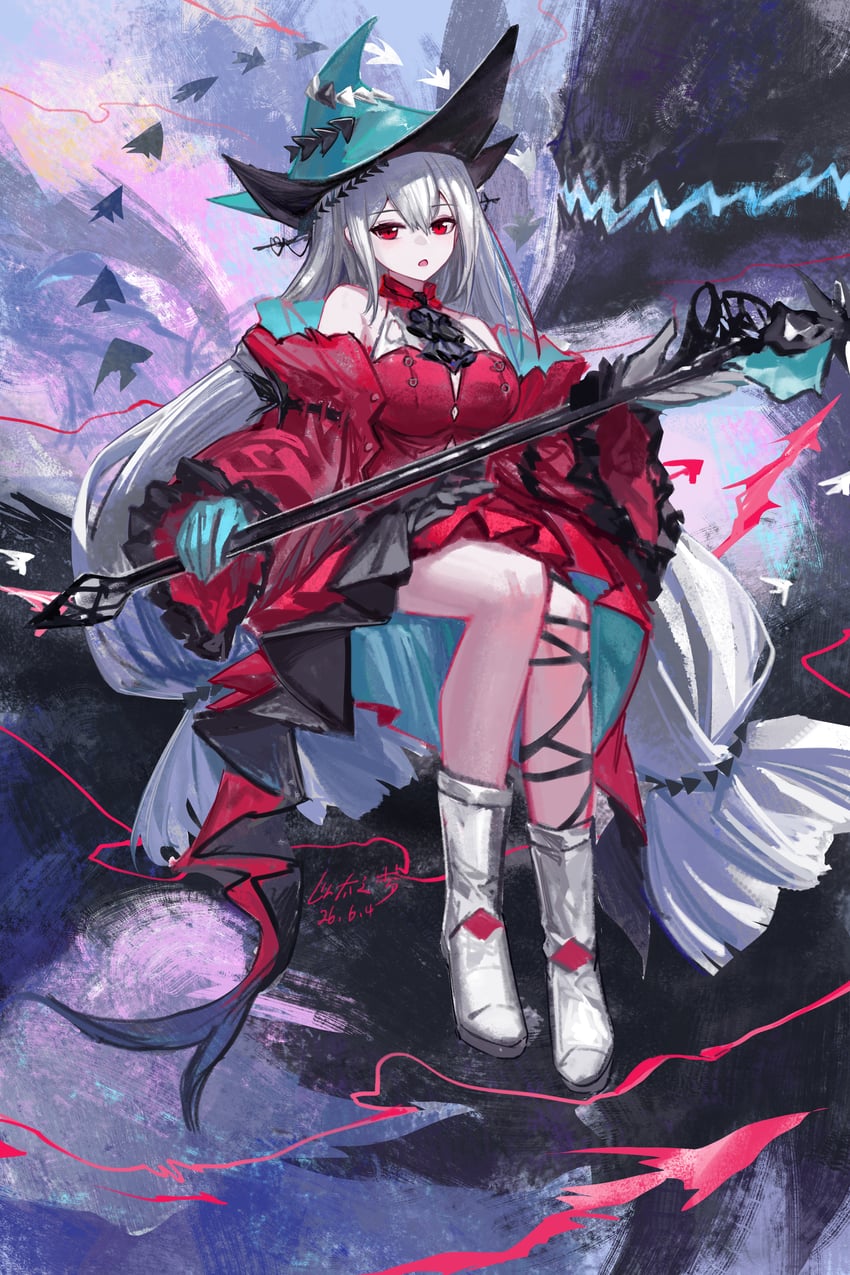 明日方舟、斯卡蒂 (明日方舟)、浊心斯卡蒂(明日方舟) 1名女孩 荒谬的长发 露肩 蓝色手套 蓝帽子