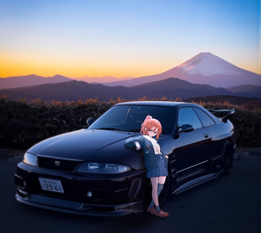 Vedal AI、Evil Neuro-sama 1名女孩 扶手 不对称腿部穿着 黑色汽车 黑色针织衫