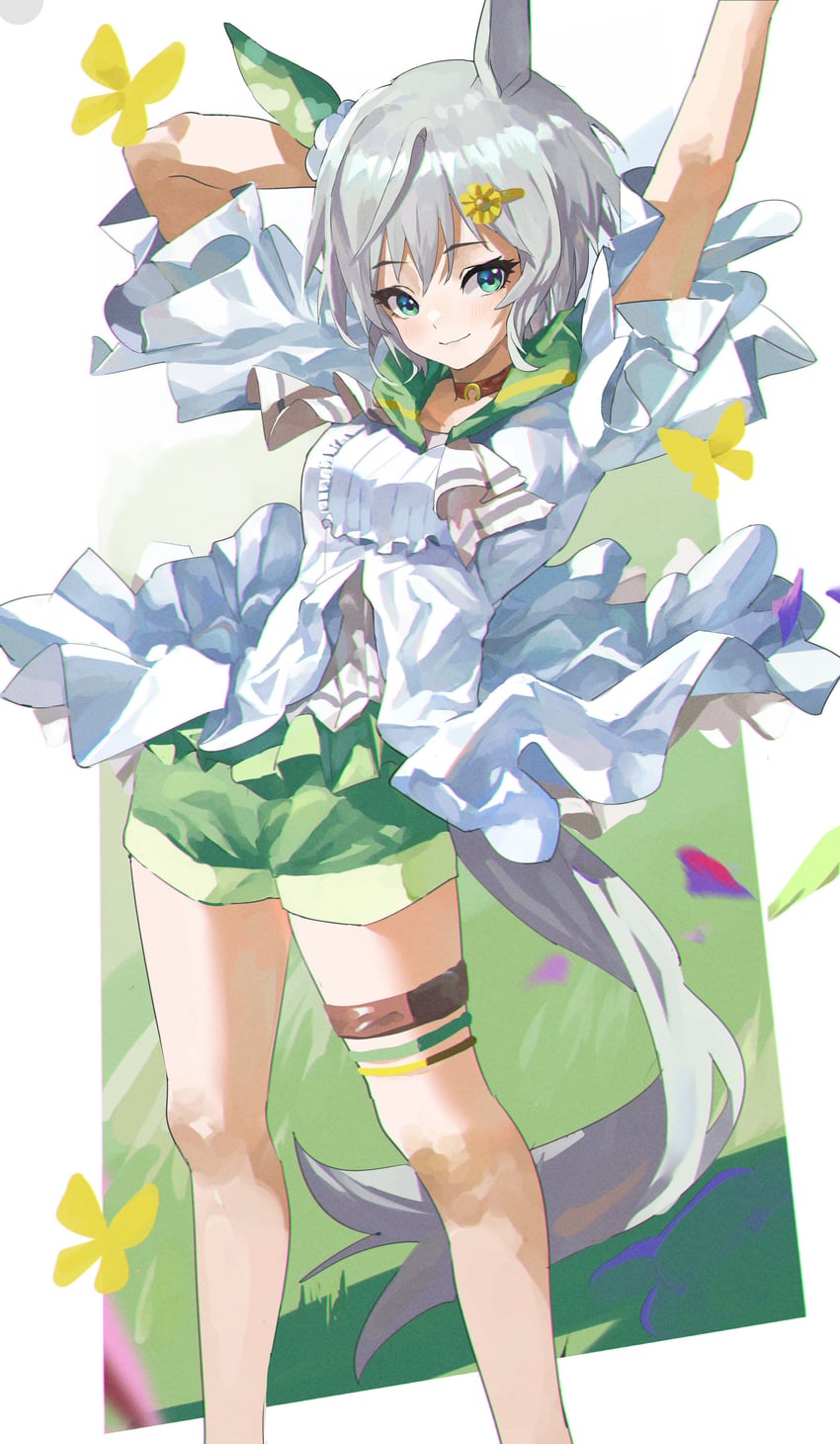 赛马娘、星云天空 (钓到大鱼啦) (赛马娘)、星云天空(赛马娘) 1名女孩 兽耳 棕色颈圈 虫子 蝴蝶
