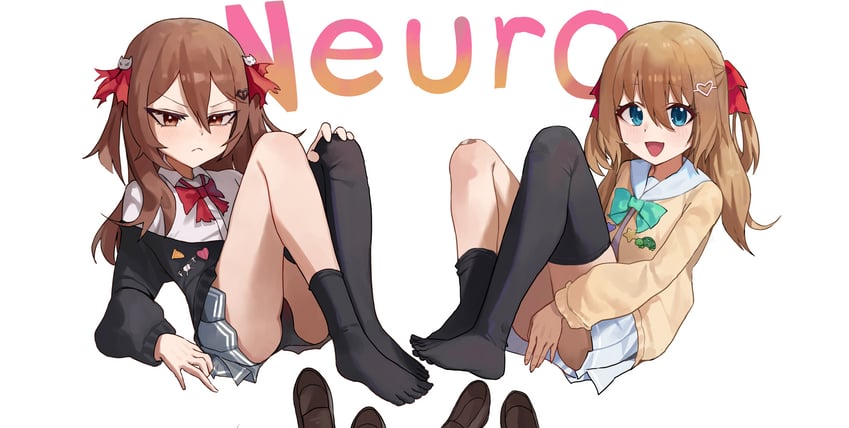 Vedal AI、Evil Neuro-sama、Evil Neuro-sama (第一套服装) 2名女孩 水蓝色蝴蝶结 水蓝色蝴蝶结 不对称腿部穿着 徽章