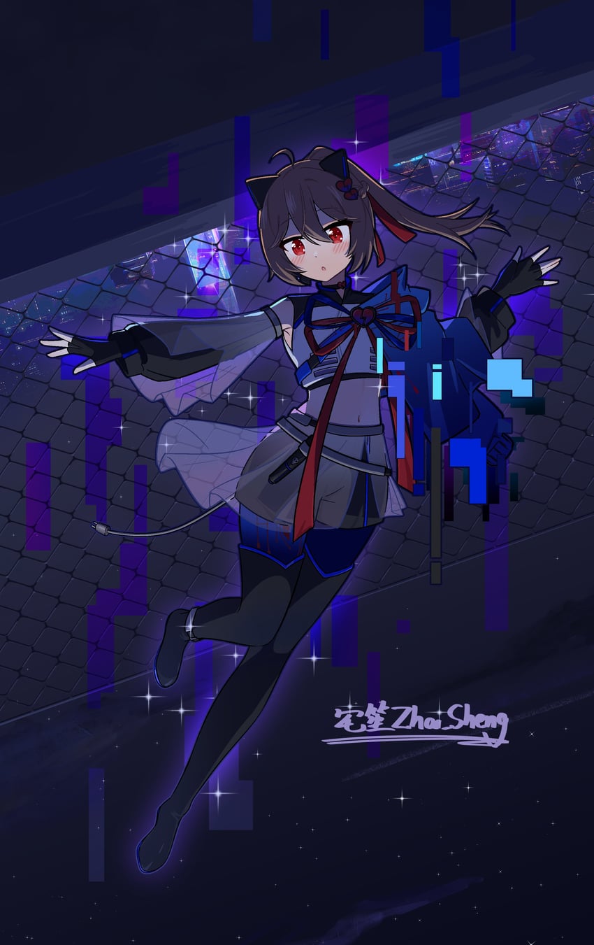 Vedal AI、Evil Neuro-sama、evil neuro-sama (cyberpunk knight) 1名女孩 呆毛 兽耳 黑色靴子 黑色项圈