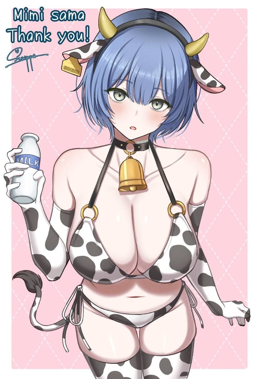 二次元插画 动物花纹 比基尼 蓝发 瓶子 乳房