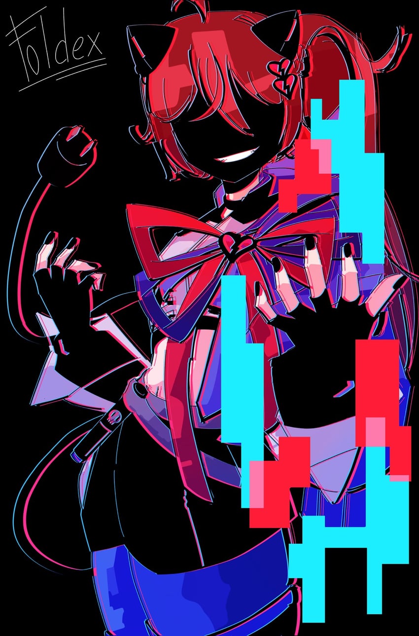 Vedal AI、Evil Neuro-sama、evil neuro-sama (cyberpunk knight) 1名女孩 呆毛 兽耳 作者名 黑色背景