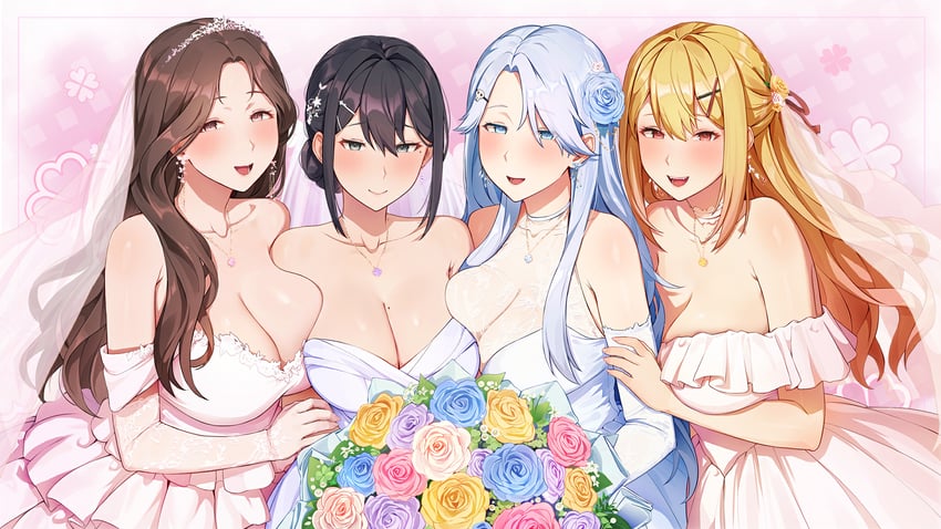 summer clover、shinonome ayano、shinonome kasumi 4个女孩 露肩 黑发 金发 蓝眼