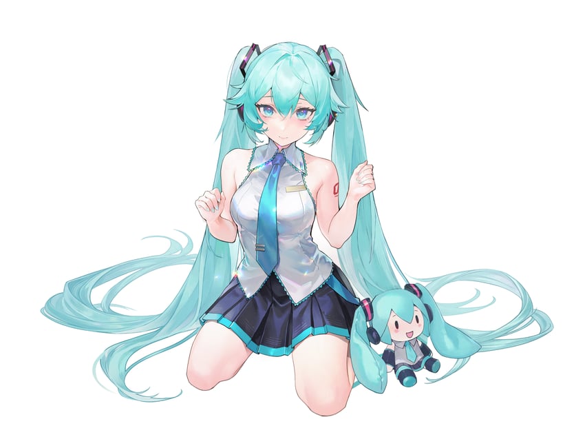 VOCALOID、初音未来 1名女孩 水色瞳 水色发 水蓝色领带 露肩