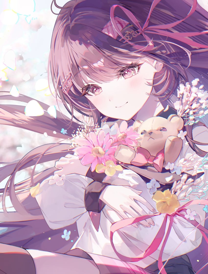 二次元插画 1名女孩 花束 蝴蝶结 棕发 闭嘴