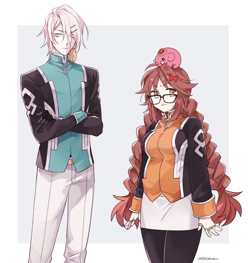 Fate/Grand Order、Fate系列、吉娜可·加里吉利 1名男孩 1名女孩 手放在身体两侧 作者名 黑框眼镜