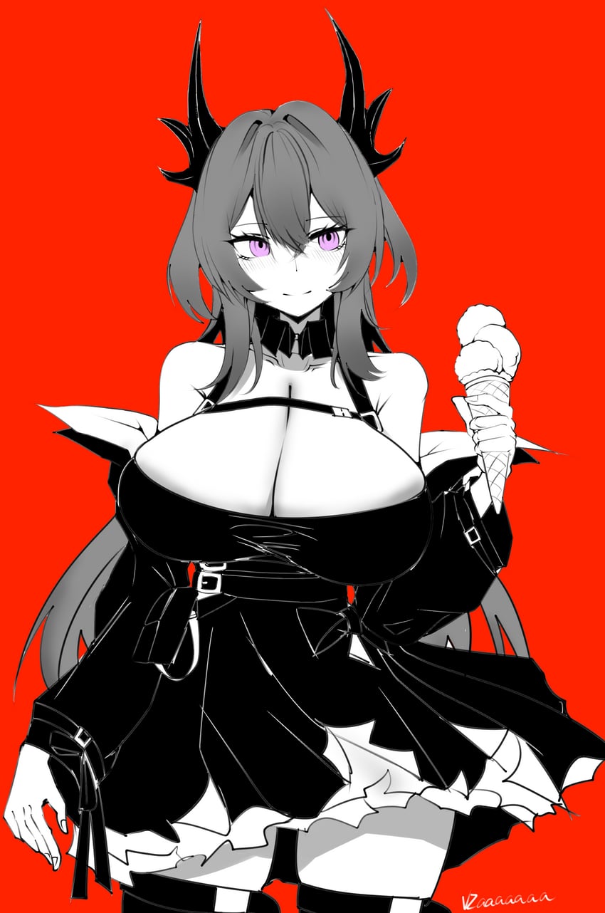 明日方舟、史尔特尔 (明日方舟) 黑色裙子 黑色背心 乳房 手持 拿着甜筒冰淇淋