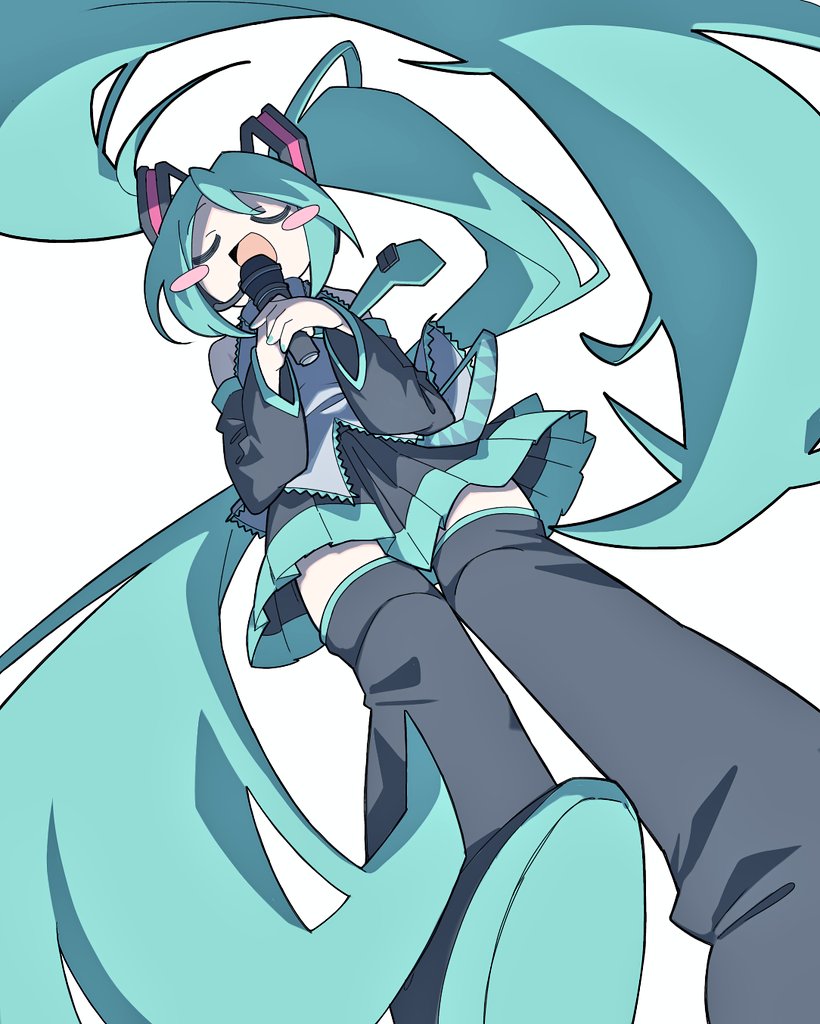 VOCALOID、初音未来 1名女孩 水色发 水蓝色领带 露肩 黑色靴子