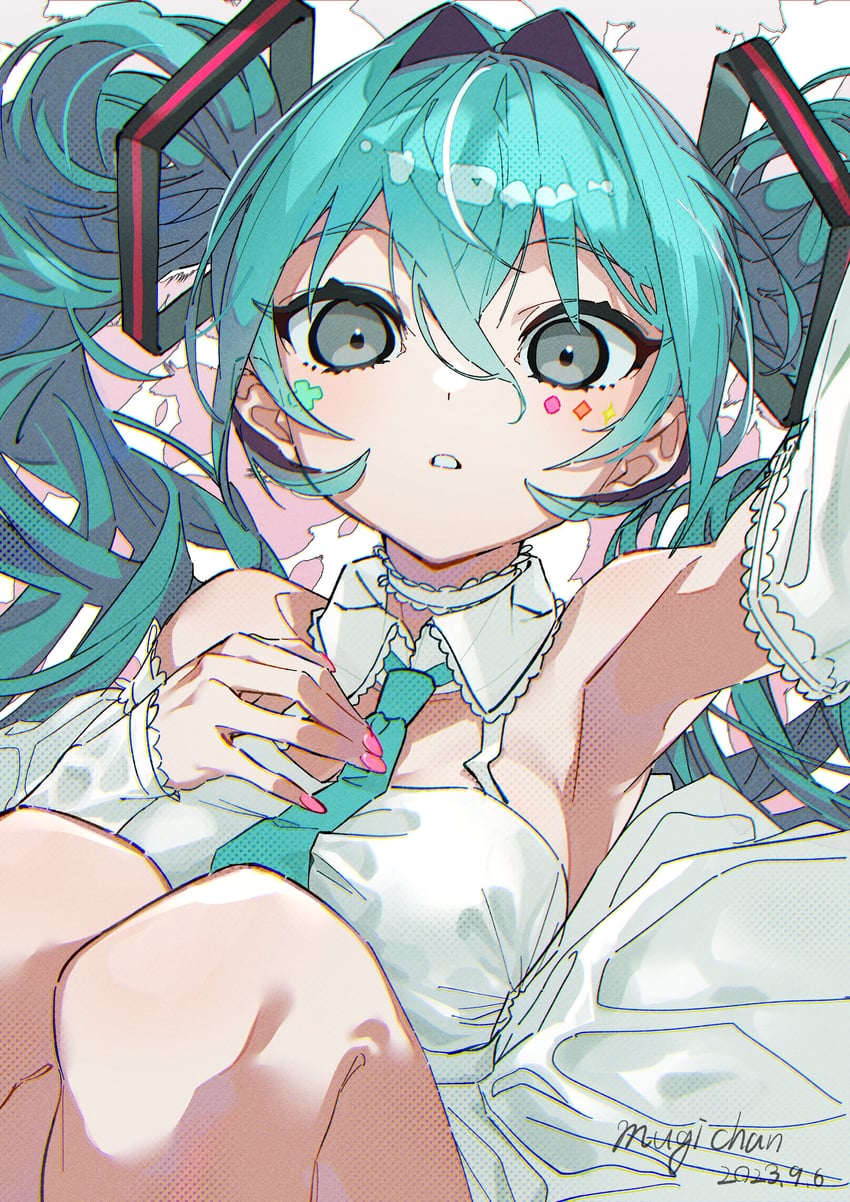 VOCALOID、初音未来 1名女孩 抽象背景 水色发 水蓝色领带 举手