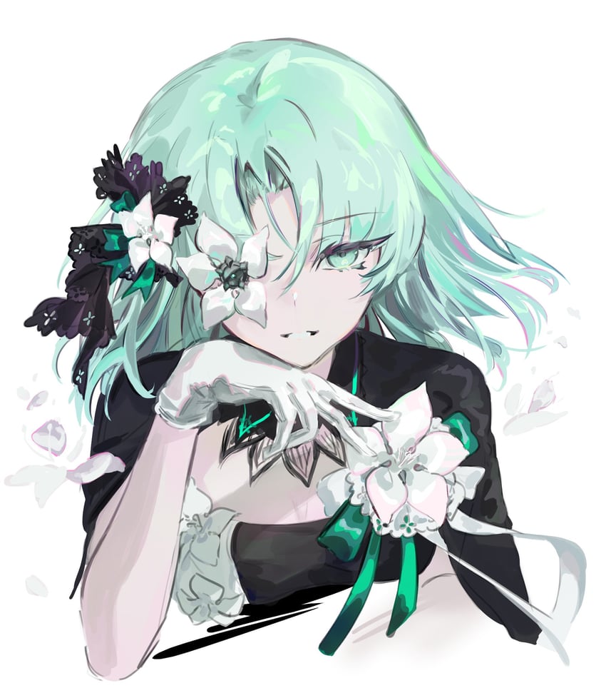 韵律源点 Arcaea、沙耶 (Arcaea)、咲弥 (觉醒) (Arcaea) 1名女孩 水色瞳 水色发 黑色披肩 黑色连衣裙