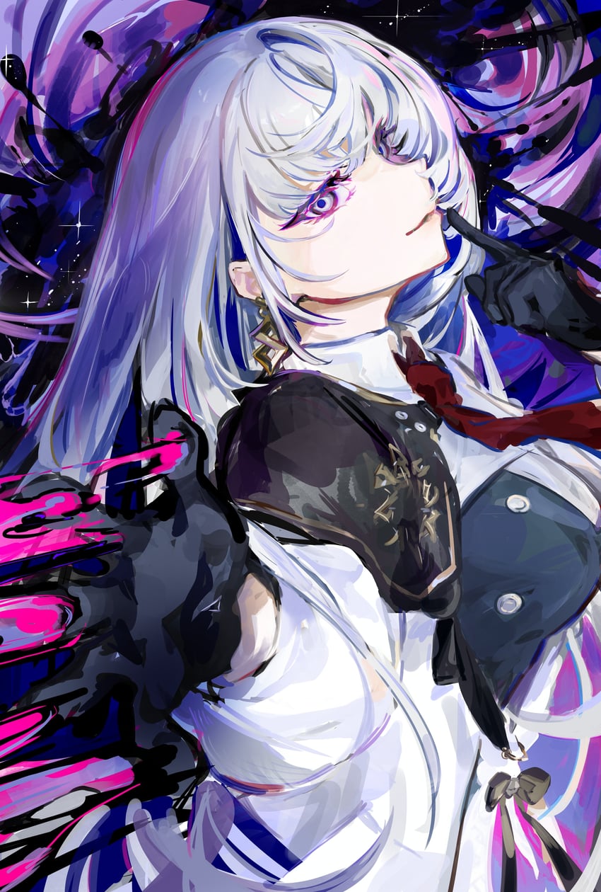 韵律源点 Arcaea、Insight (Arcaea) 1名女孩 黑色连衣裙 黑色手套 蝴蝶结 有领衬衫